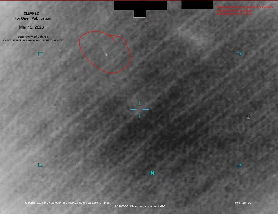 Department of Defense sensor image cleared for open publication, showing an unidentified object.