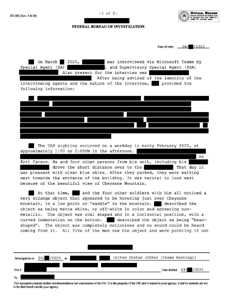 FBI document with redacted text about a UAP sighting.