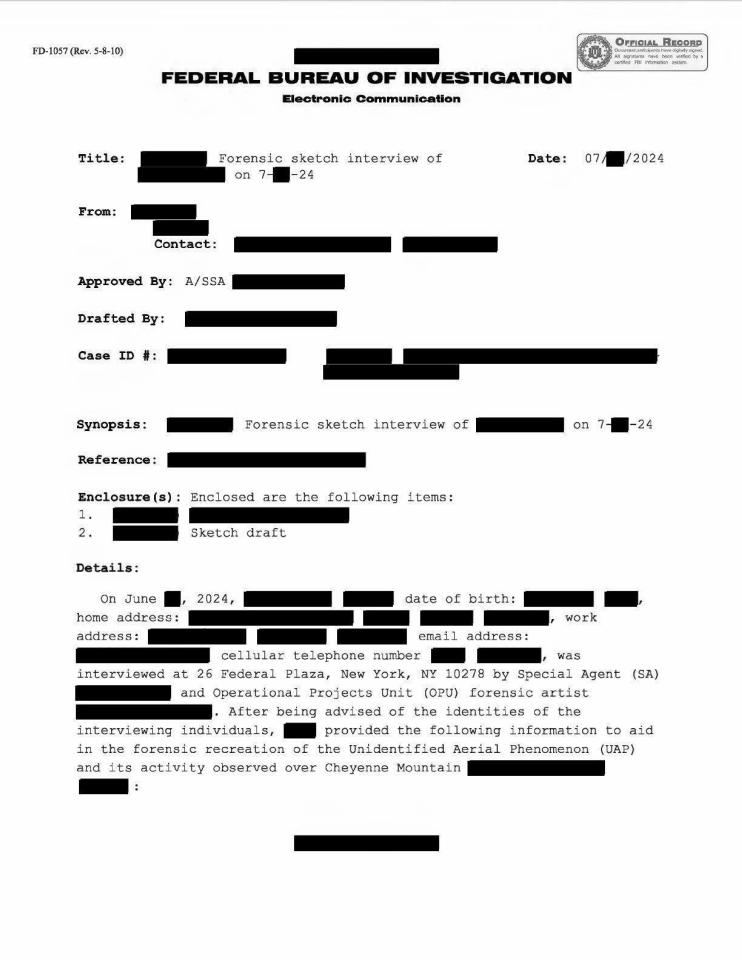 FBI document with redacted text about a sketch interview.