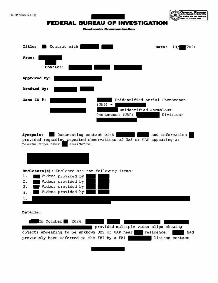 FBI document with redacted text about orbs.