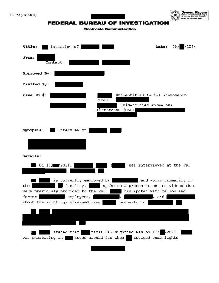 FBI document with redacted text about a UAP interview.