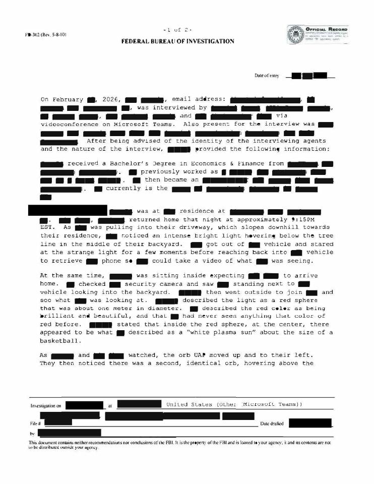FBI document with redacted text about an orb sighting.