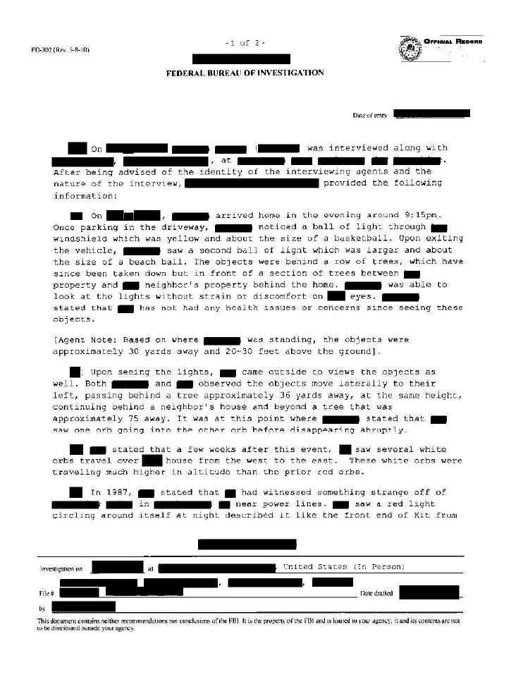 FBI document with redacted text about a light sighting.