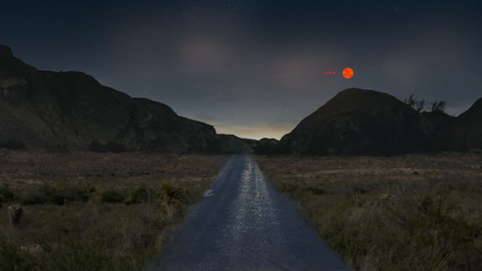 Rendering of a road at night with an object in the sky.