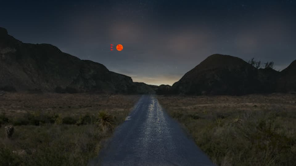 Rendering of a road at night with an object in the sky.