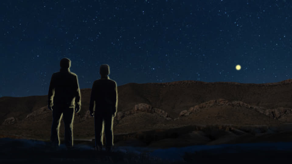 Rendering of two figures watching an object in the sky.