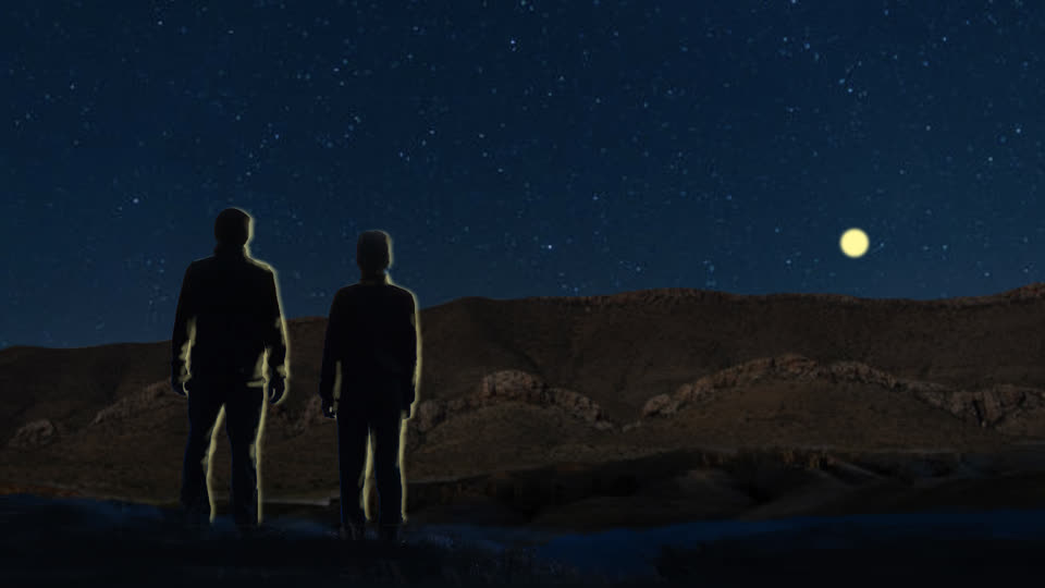 Rendering of two figures watching an object in the sky.