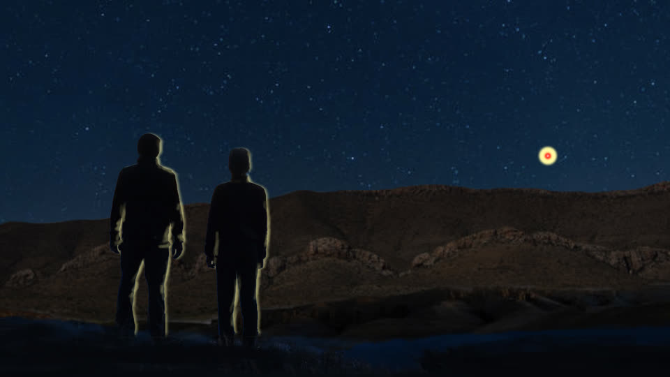 Rendering of two figures watching an object in the sky.