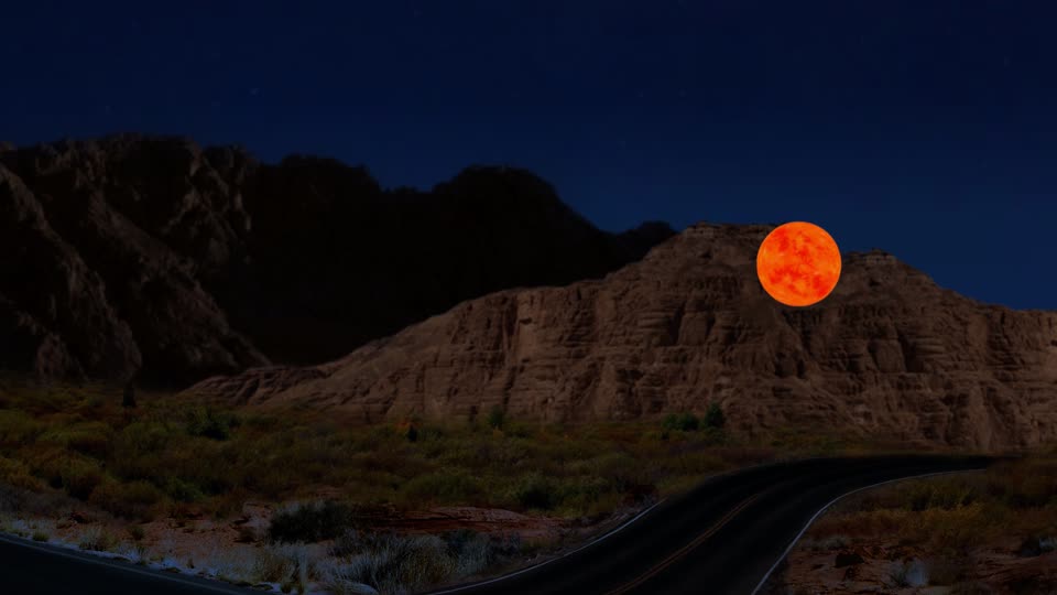 Rendering of a road at night with an object over a hill.