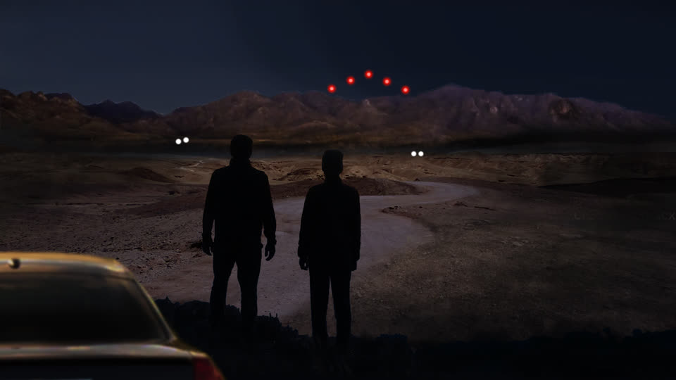 Rendering of figures watching objects over a landscape.