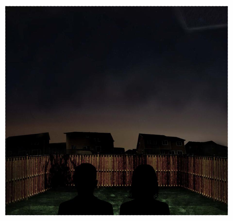 A digital rendering of two figures looking over a fence at a dark object in the night sky.