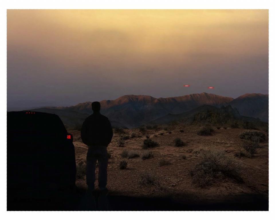 A digital rendering of a person standing next to a vehicle, looking at two red lights in the sky over a mountainous landscape.