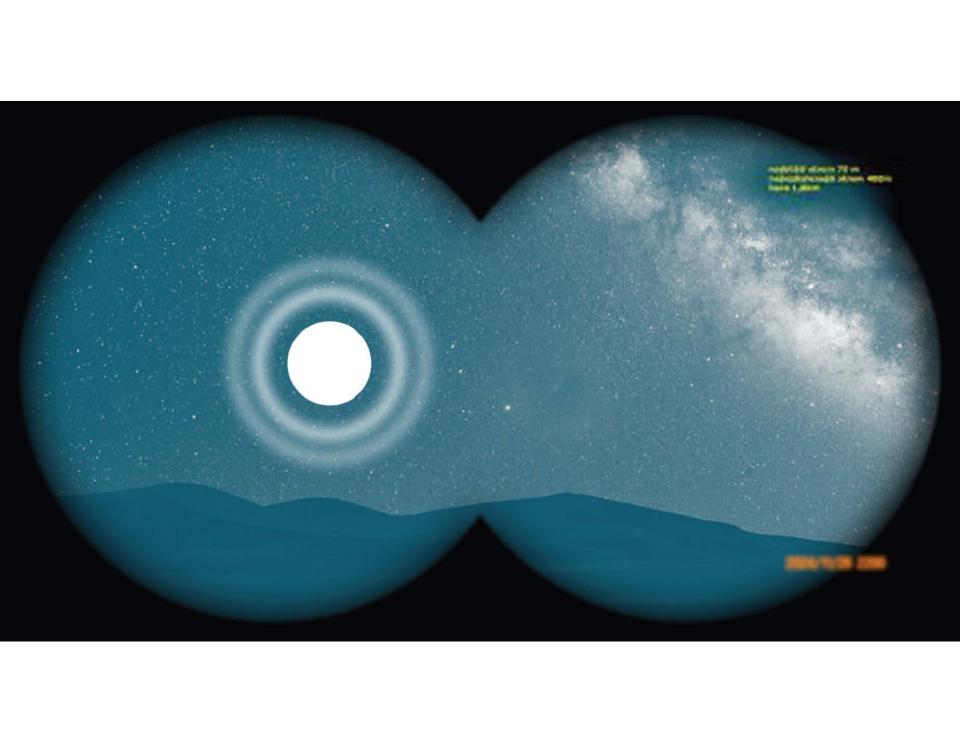 A digital rendering of a night sky with a large, bright object surrounded by concentric circles, viewed through binoculars.