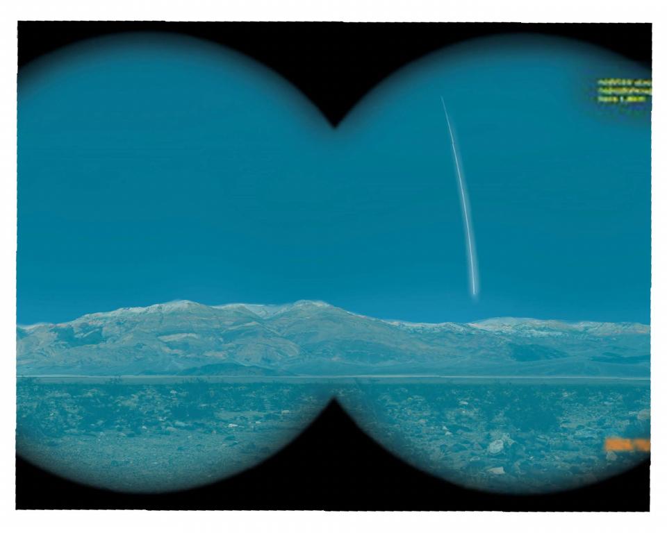 A digital rendering of a light streak in the sky over a mountainous landscape, as viewed through binoculars.
