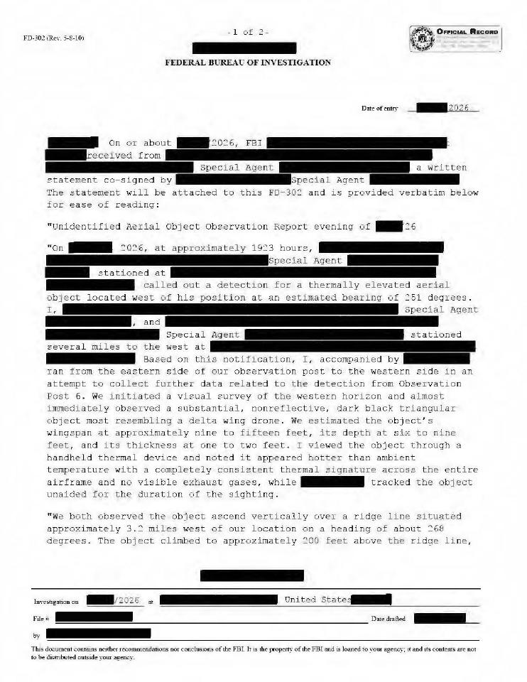 First page of an FBI FD-302 concerning a 2026 unidentified aerial object report.