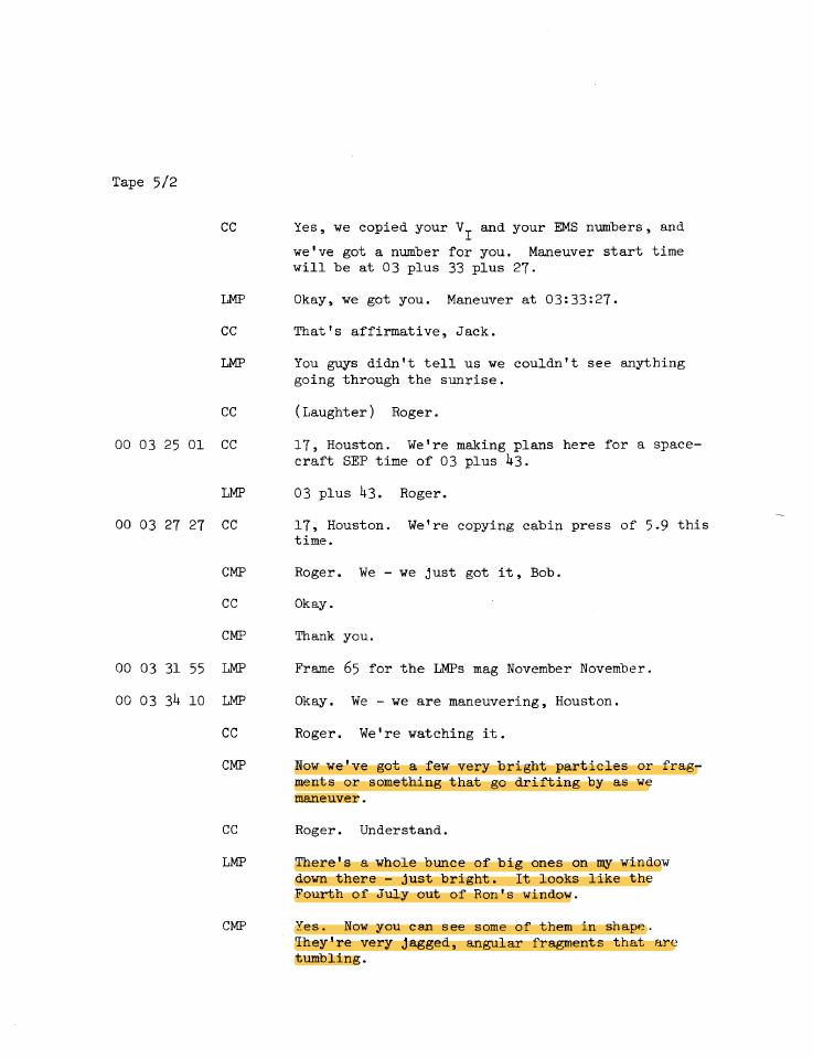 A page from a space flight mission transcript with highlighted sections.