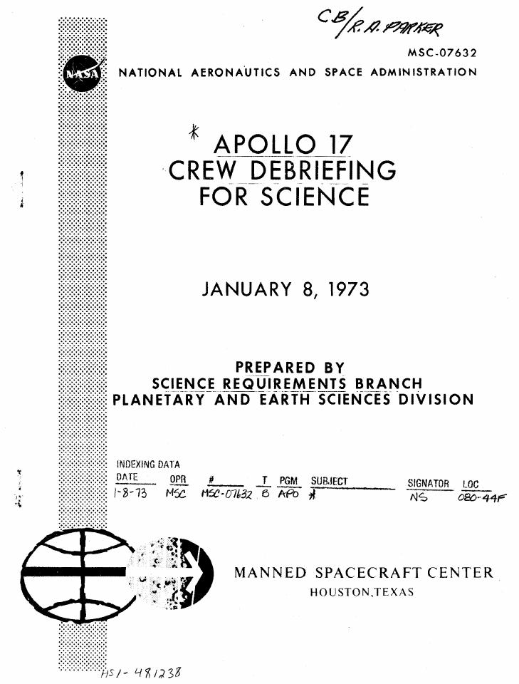 NASA Apollo 17 Crew Debriefing for Science cover from the Manned Spacecraft Center.