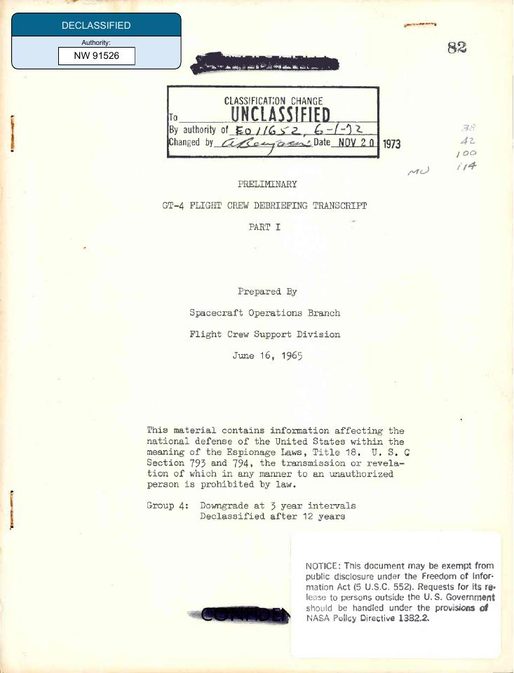 Document titled "GT-4 FLIGHT CREW DEBRIEFING TRANSCRIPT PART I".
