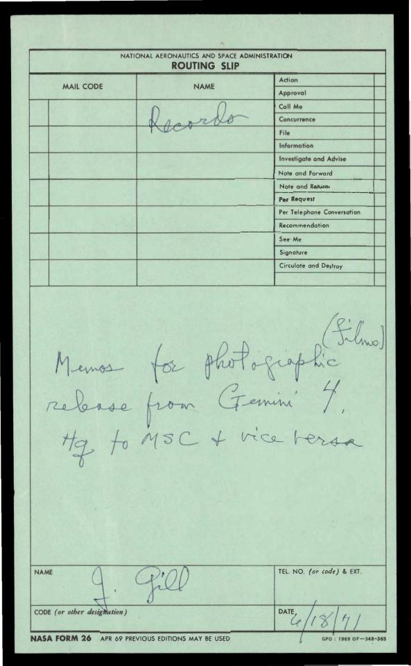 Routing slip with notes about Gemini 4.