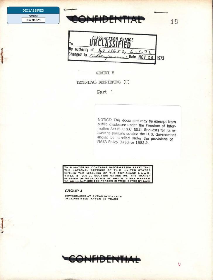 Document titled "GEMINI V TECHNICAL DEBRIEFING Part 1".
