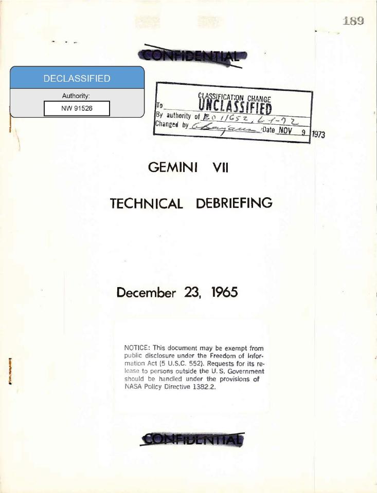 Document titled "GEMINI VII TECHNICAL DEBRIEFING".