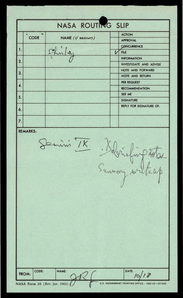Routing slip with notes about Gemini IX.