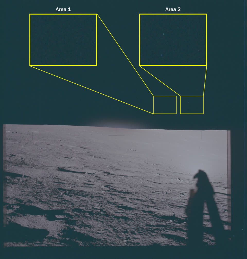 Photograph of the lunar surface showing astronaut shadows and a magnified callout of an object in the sky.