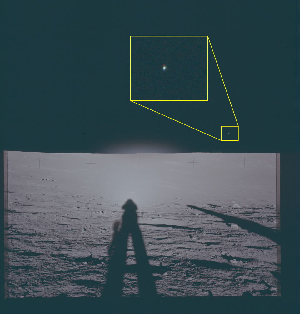 Photograph of the lunar surface showing astronaut shadows and a magnified callouts of objects in the sky.