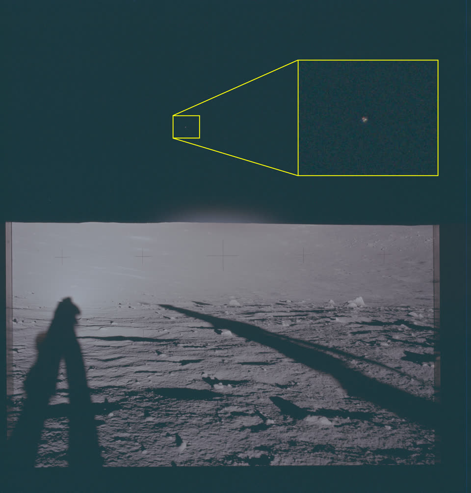 Photograph of the lunar surface showing astronaut shadows and a magnified callout of an object in the sky.