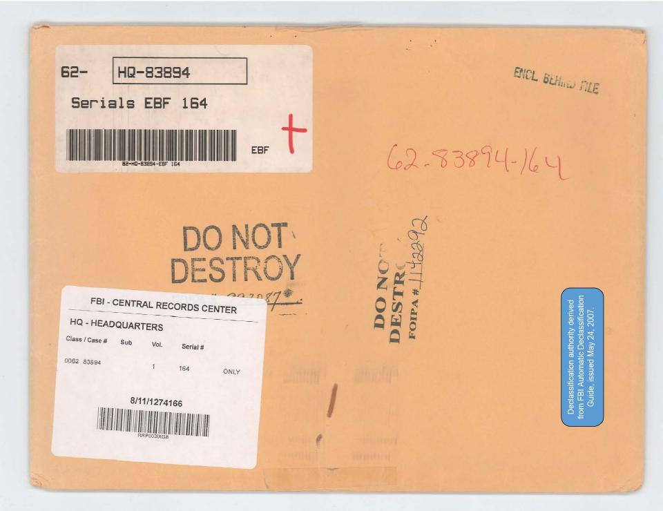 Declassified FBI file cover from the Central Records Center.