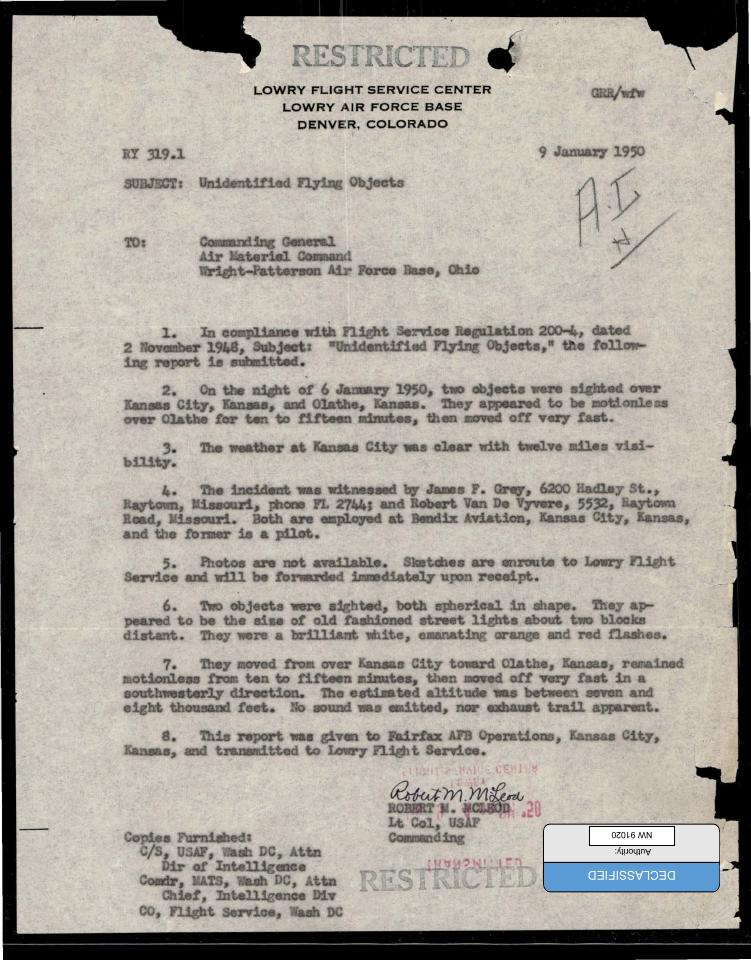 Declassified Restricted document from Lowry Flight Service Center.