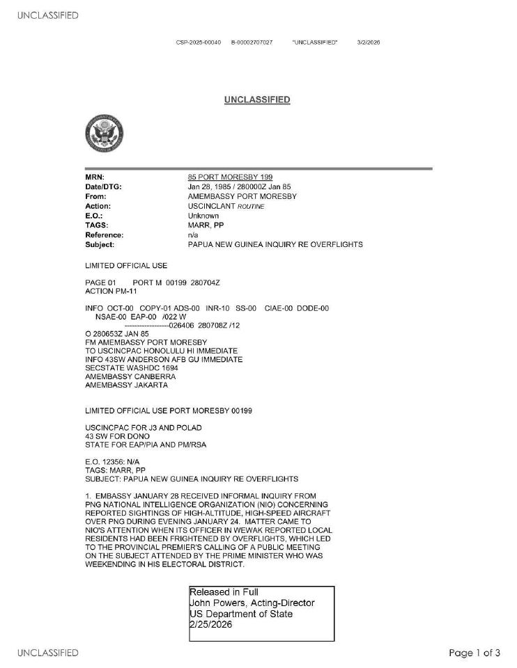 Unclassified diplomatic cable from the US Department of State.