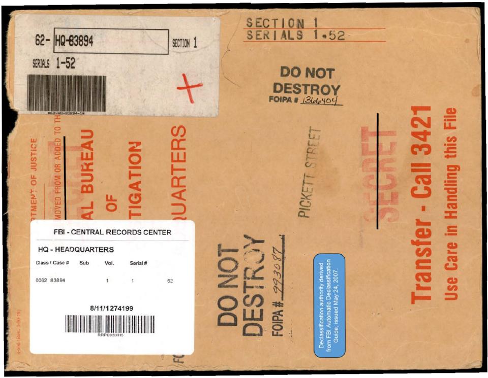 Declassified FBI file cover from the Central Records Center.