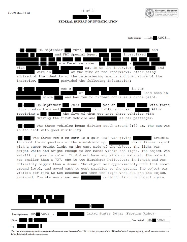 Heavily redacted Federal Bureau of Investigation official record.