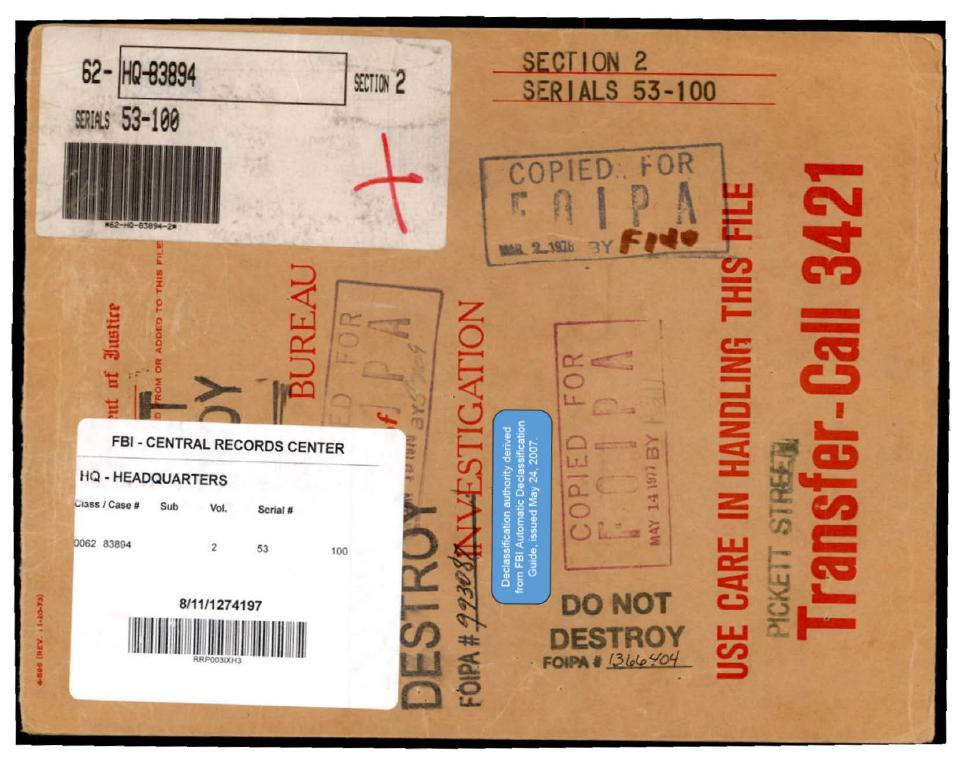 Declassified FBI file cover from the Central Records Center.