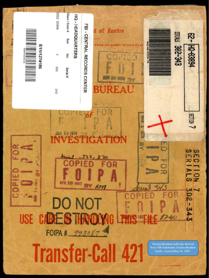 Declassified FBI file cover from the Central Records Center.