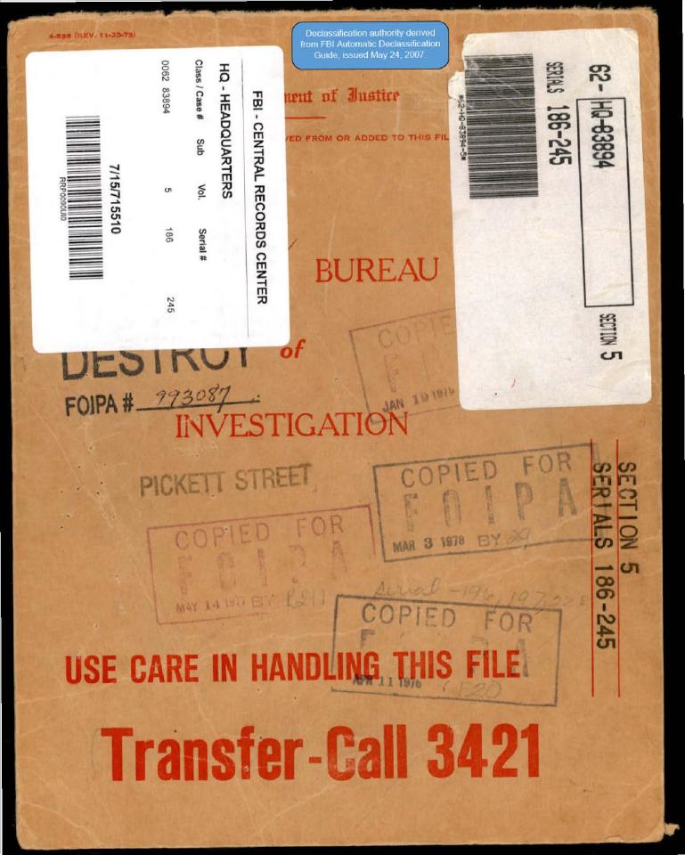 Declassified FBI file cover from the Central Records Center.