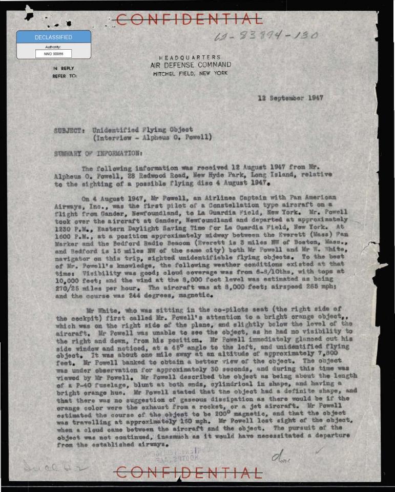 Declassified Confidential document from Headquarters Air Defense Command.