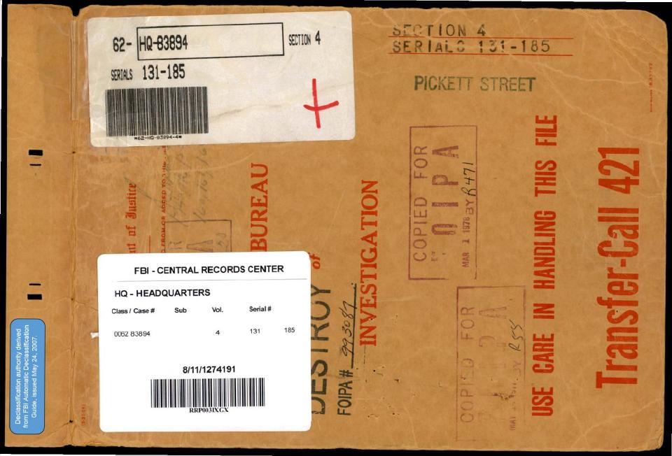 Declassified FBI file cover from the Central Records Center.