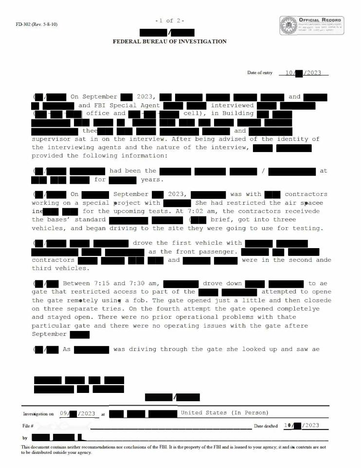 Heavily redacted Federal Bureau of Investigation official record.