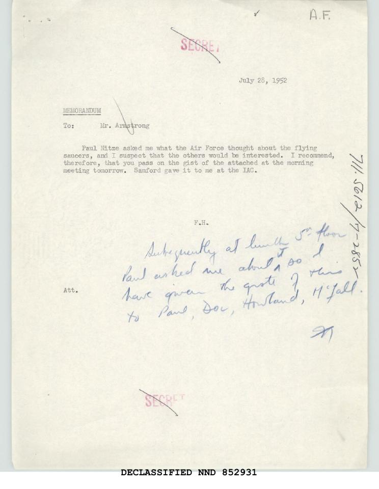 Declassified Secret memorandum with handwritten notes.
