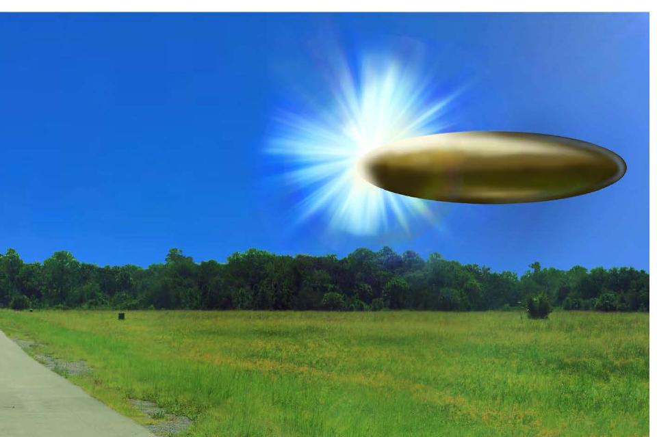 Saucer-shaped object with a bright light hovers over a grassy field.
