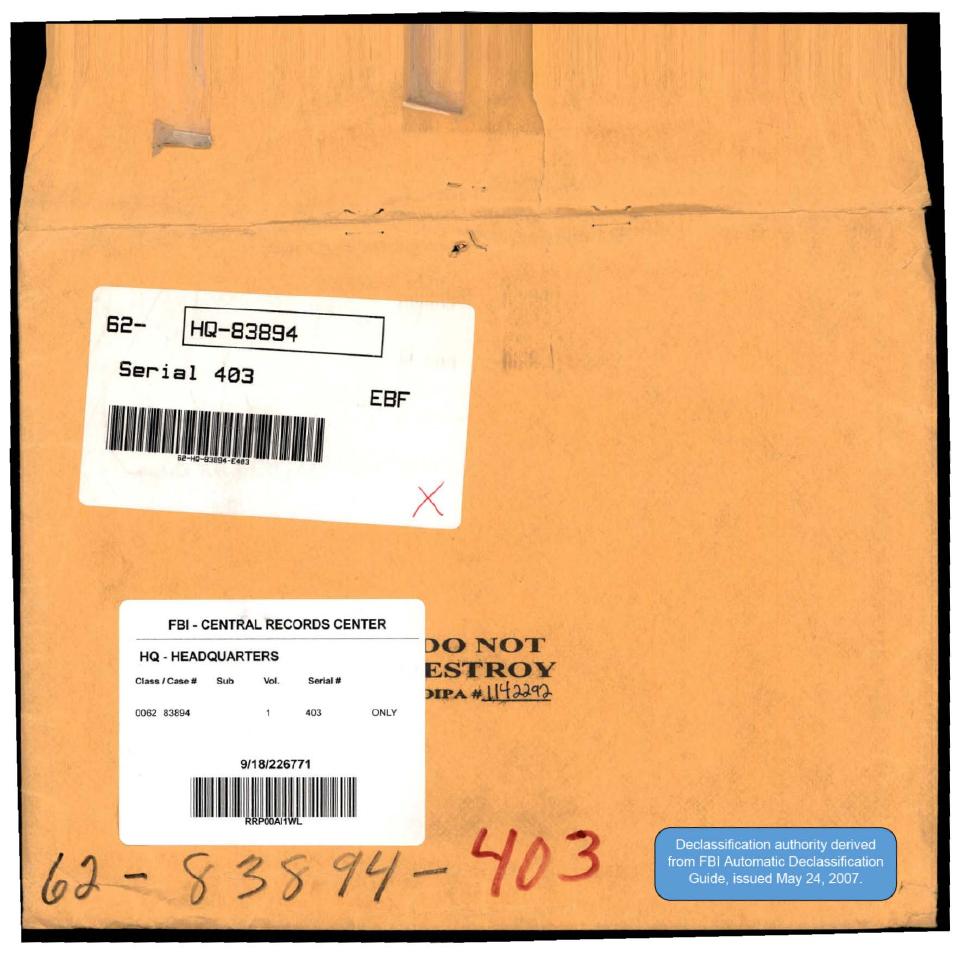 Declassified FBI Headquarters file envelope.