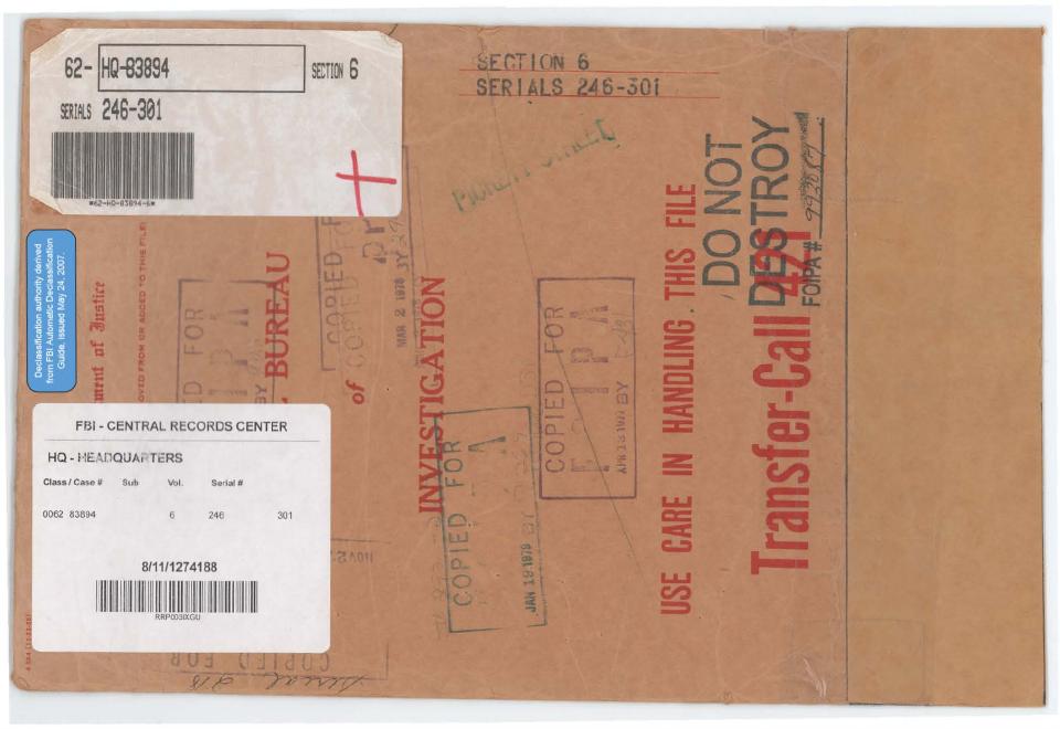 Declassified FBI file cover from the Central Records Center.