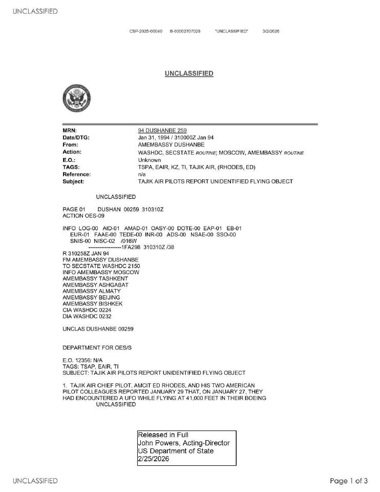 Unclassified diplomatic cable from the US Department of State.