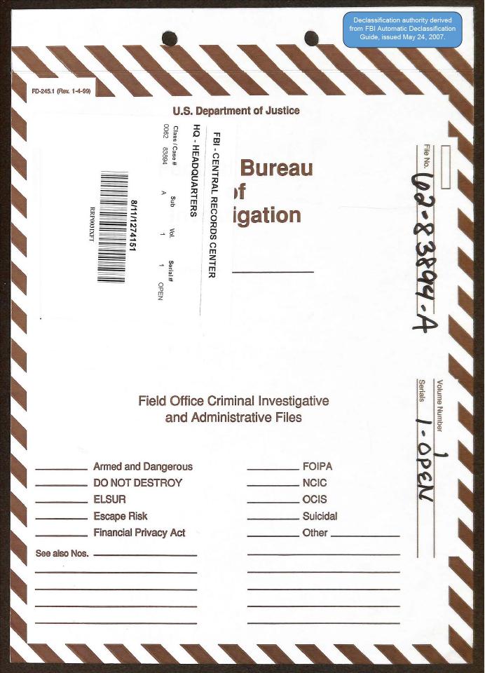 Declassified FBI file cover for criminal investigative and administrative files.