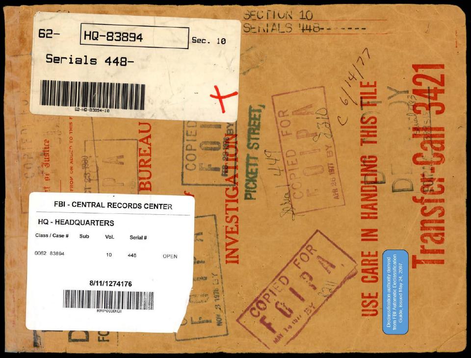 Declassified FBI file cover from the Central Records Center.