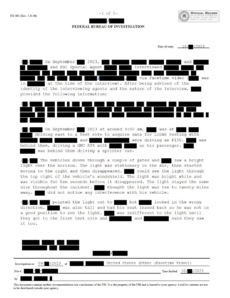 Heavily redacted Federal Bureau of Investigation official record.