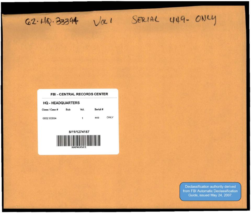 Declassified FBI Headquarters file envelope.