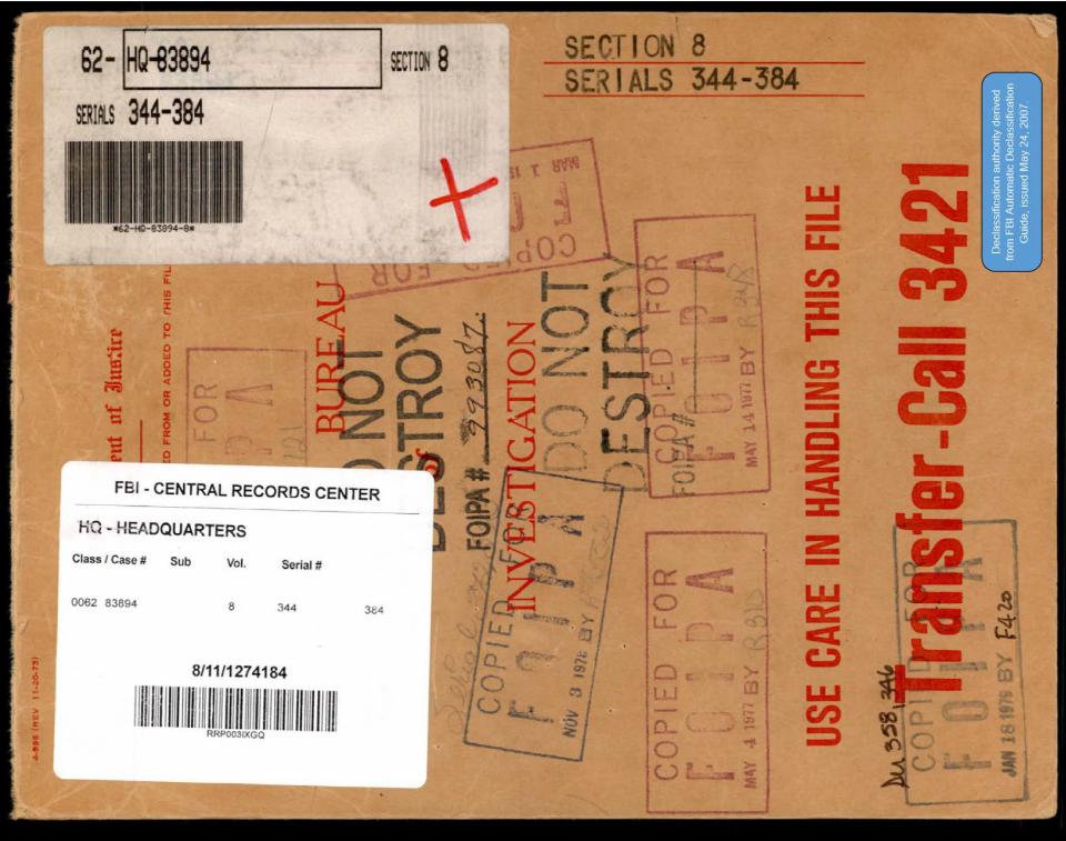 Declassified FBI file cover from the Central Records Center.
